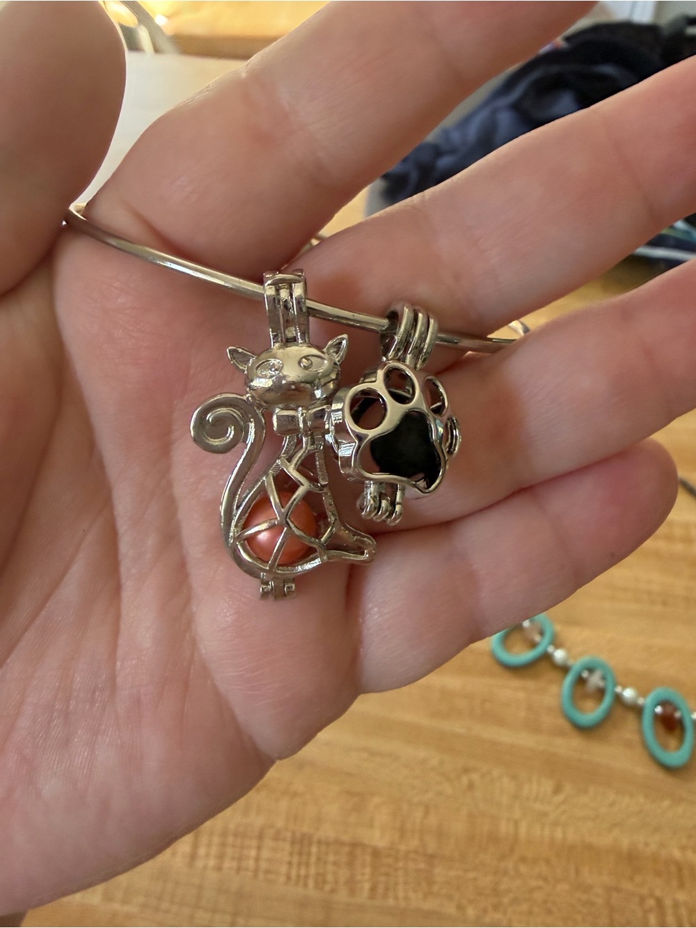 Silver Cat Locket Pendant with Coral Accent and Paw Charm